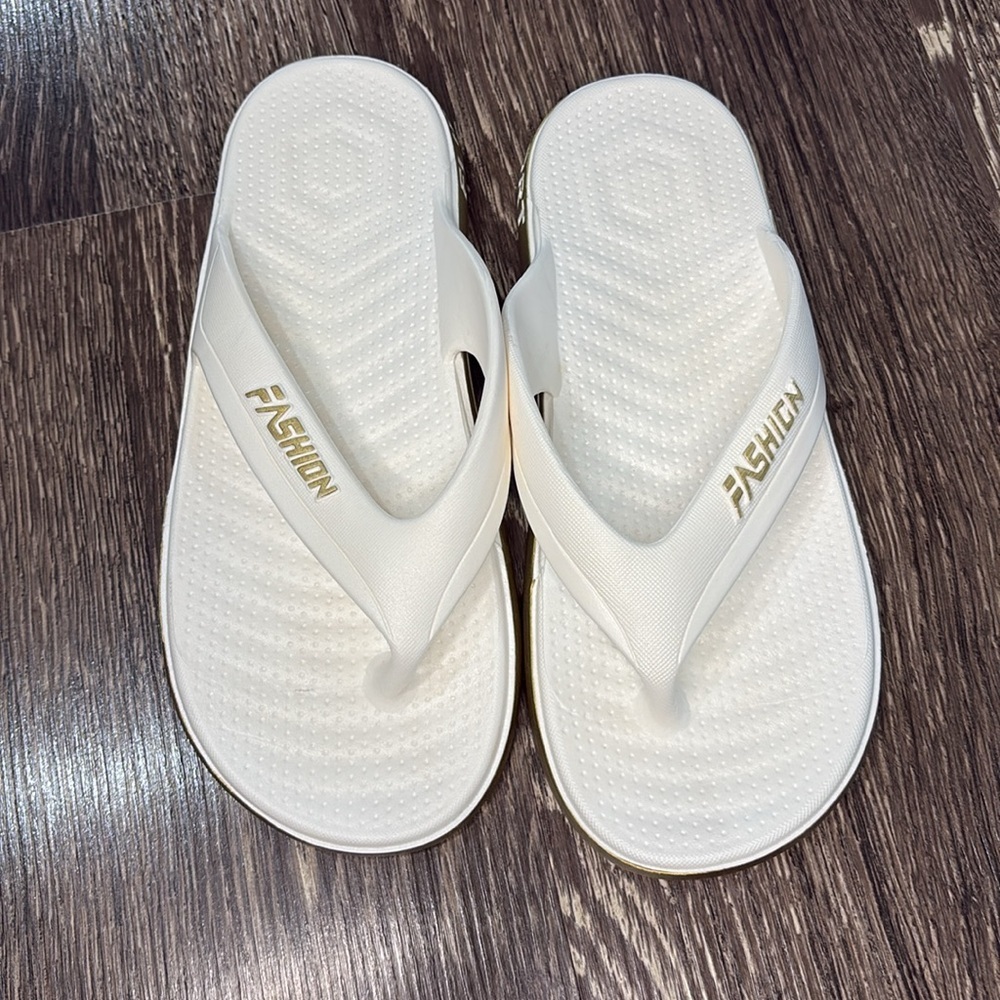 Women's White and Gold Flip Flops - Picture 2 of 5